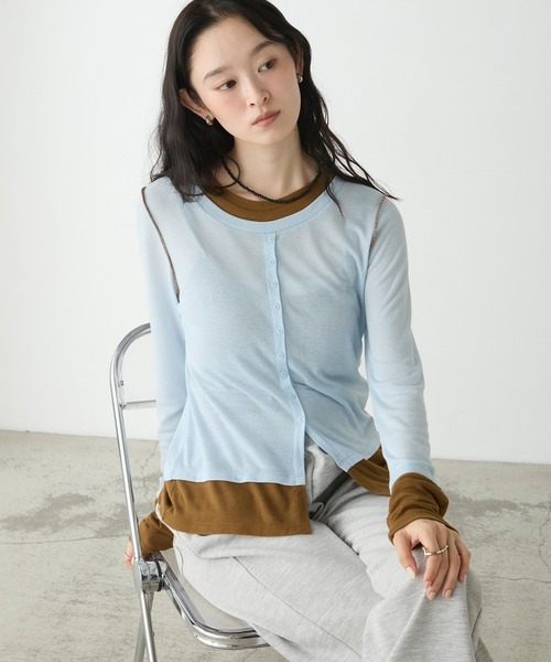 forksy.(フォルクシー)の「【forksy.】バイカラーシアー ドッキングトップス(Tシャツ/カットソー・レディース・ライトブルー/ホワイト系/ブラック/チャコールグレー/レッド/ブラウン・FREE)」の5枚目の写真