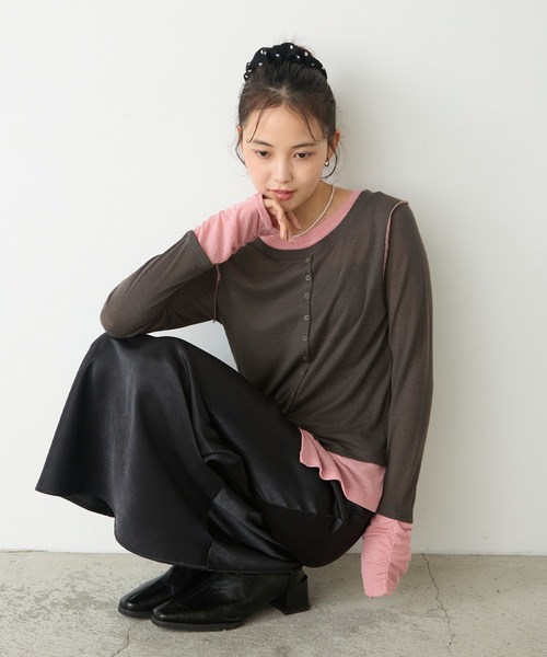 forksy.(フォルクシー)の「【forksy.】バイカラーシアー ドッキングトップス(Tシャツ/カットソー・レディース・ライトブルー/ホワイト系/ブラック/チャコールグレー/レッド/ブラウン・FREE)」の9枚目の写真