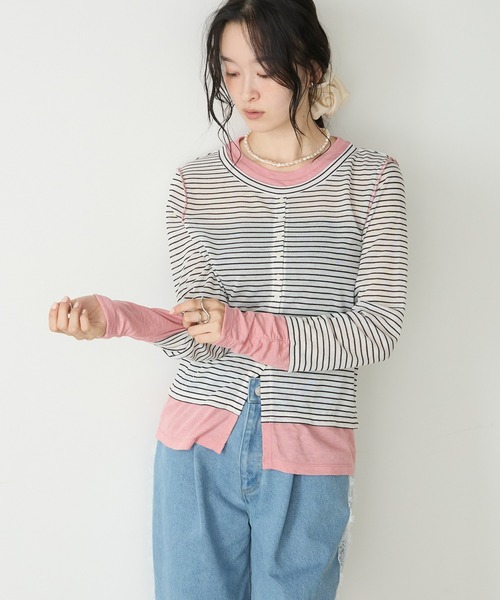 forksy.(フォルクシー)の「【forksy.】バイカラーシアー ドッキングトップス(Tシャツ/カットソー・レディース・ライトブルー/ホワイト系/ブラック/チャコールグレー/レッド/ブラウン・FREE)」の19枚目の写真