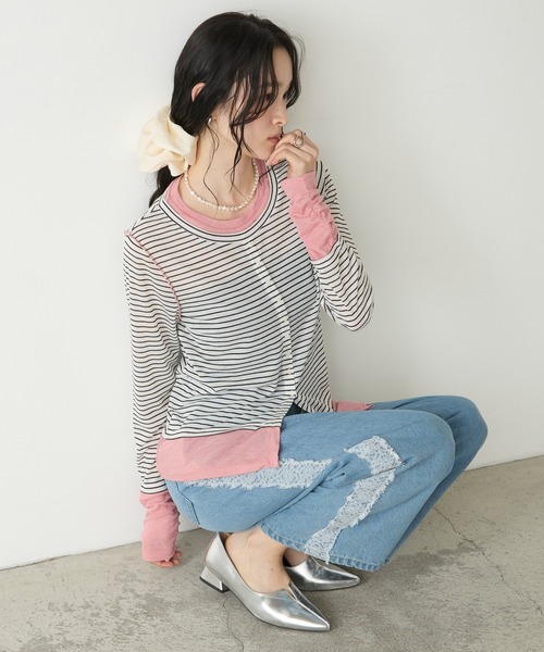 forksy.(フォルクシー)の「【forksy.】バイカラーシアー ドッキングトップス(Tシャツ/カットソー・レディース・ライトブルー/ホワイト系/ブラック/チャコールグレー/レッド/ブラウン・FREE)」の20枚目の写真