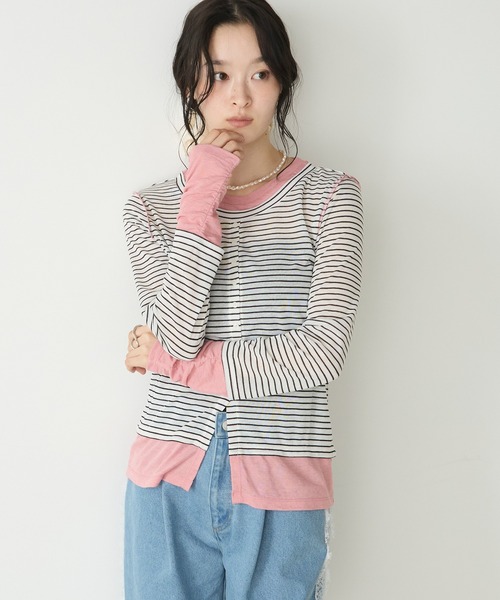 forksy.(フォルクシー)の「【forksy.】バイカラーシアー ドッキングトップス(Tシャツ/カットソー・レディース・ライトブルー/ホワイト系/ブラック/チャコールグレー/レッド/ブラウン・FREE)」の21枚目の写真