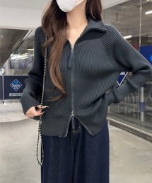 ポロカラー ジップアップ リブ ニットカーディガン