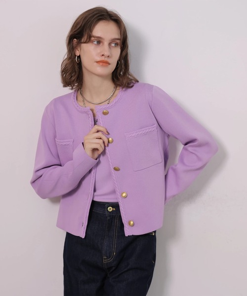 CADUNE（カデュネ）の「トリミングニットジャケット（ニット/セーター・レディース・ホワイト/ライトパープル/ブラック・38）」の3枚目の写真