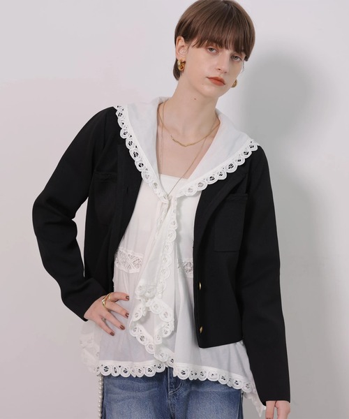 CADUNE（カデュネ）の「トリミングニットジャケット（ニット/セーター・レディース・ホワイト/ライトパープル/ブラック・38）」の2枚目の写真
