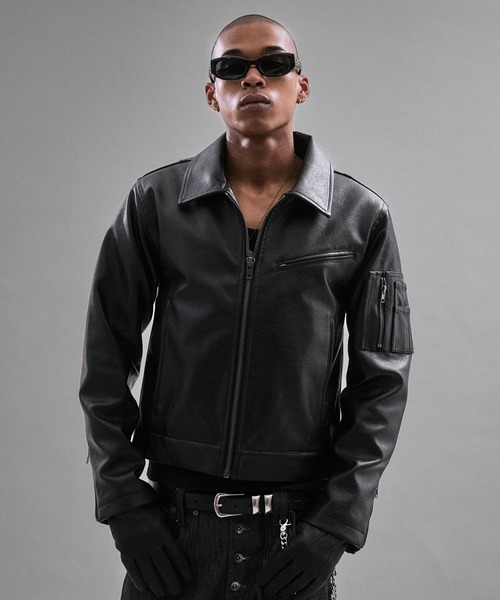 Faux Leather Emboss Riders Compact Jacket /フェイクレザー エンボス