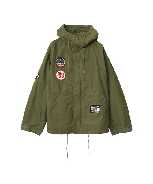 HYSTERIC GLAMOUR(ヒステリックグラマー)の「DISCO SUCKSワッペン フーデットジャケット(ミリタリージャケット・メンズ・カーキ系/ブルー系その他/カーキ/ブラック・X-LARGE/LARGE/MEDIUM/SMALL)」の1枚目の写真