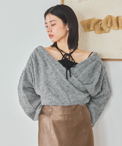 mysty woman(ミスティウーマン)の「ヘアリーカシュクールニット 1093208(ニット/セーター・レディース・グレー/ブラック/アイボリー・FREE)」の3枚目の写真
