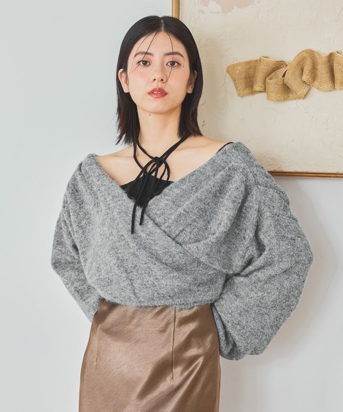 mysty woman(ミスティウーマン)の「ヘアリーカシュクールニット 1093208(ニット/セーター・レディース・グレー/ブラック/アイボリー・FREE)」の8枚目の写真