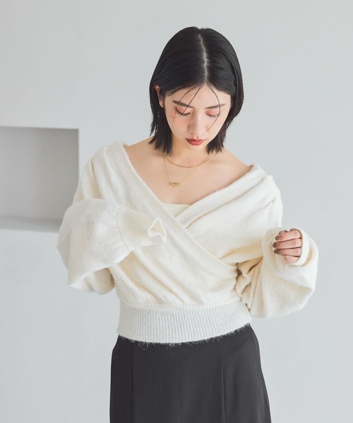 mysty woman(ミスティウーマン)の「ヘアリーカシュクールニット 1093208(ニット/セーター・レディース・グレー/ブラック/アイボリー・FREE)」の11枚目の写真