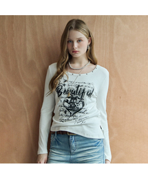 スタッズグラフィックシャーリングアンバランス長袖Tシャツ
