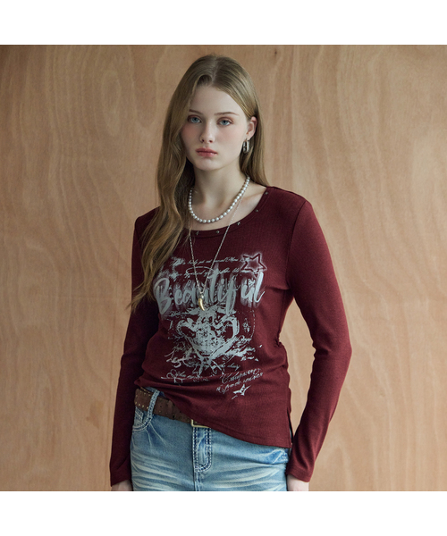 MAXZA(マージャコレクション)の「スタッズグラフィックシャーリングアンバランス長袖Tシャツ(Tシャツ/カットソー・レディース・ホワイト/チャコール/ワイン・FREE)」の3枚目の写真