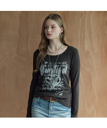スタッズグラフィックシャーリングアンバランス長袖Tシャツ