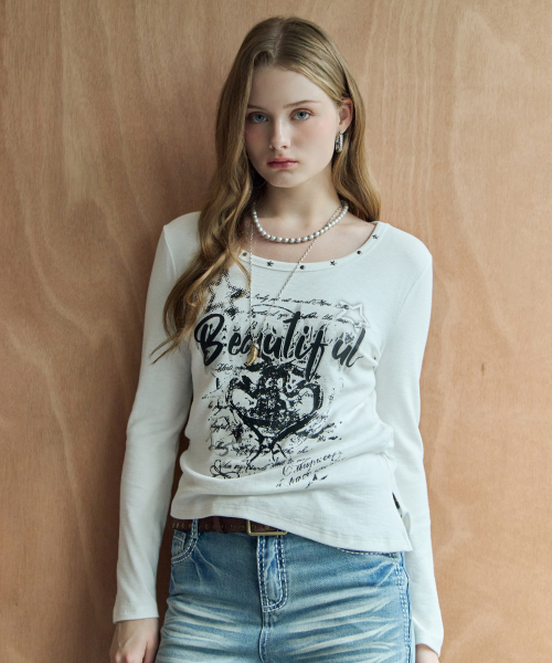 MAXZA(マージャコレクション)の「スタッズグラフィックシャーリングアンバランス長袖Tシャツ(Tシャツ/カットソー・レディース・ホワイト/チャコール/ワイン・FREE)」の5枚目の写真