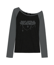 バッドチェーン ワンショルダーラグラン長袖トップス (GRAY BLACK)