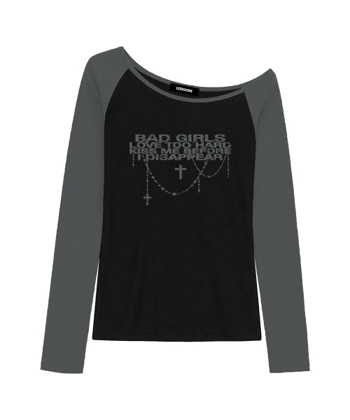 IZROOM(イズルーム)の「バッドチェーン ワンショルダーラグラン長袖トップス (GRAY BLACK)(Tシャツ/カットソー・レディース・その他・FREE)」の1枚目の写真