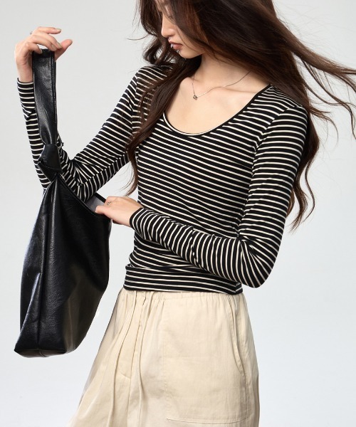 Bifrost(ビフレスト)の「ボーダーU ネックカットソー(Tシャツ/カットソー・レディース・ブラック/ベージュ・L/M)」の3枚目の写真