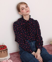 【美品】LOULOU WILLOUGHBY ボタニカル柄 ボウタイブラウス M WEB先行追加予約】デシンハートフリルボウタイブラウス（シャツ