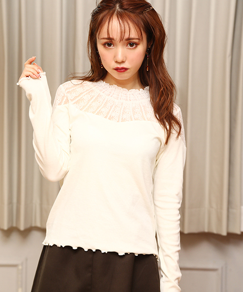 one after another NICE CLAUP（ワンアフターアナザーナイスクラップ）の「レーススタンドインナーT（Tシャツ/カットソー・レディース・ブラック/ベージュ/ピンク/アイボリー・FREE）」の2枚目の写真