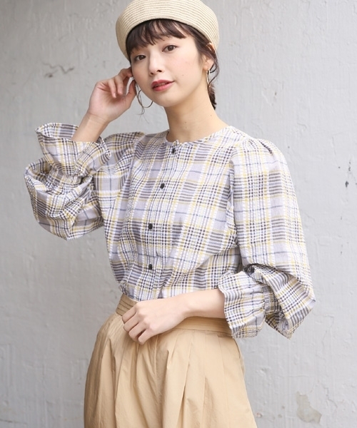 LOWRYS FARM ローリーズファーム  チェック　七分袖アンブレラスリーブブラウス  L イエロー系/ブルー LOWRYS FARM ローリーズファーム チェック 七分袖アンブレラ