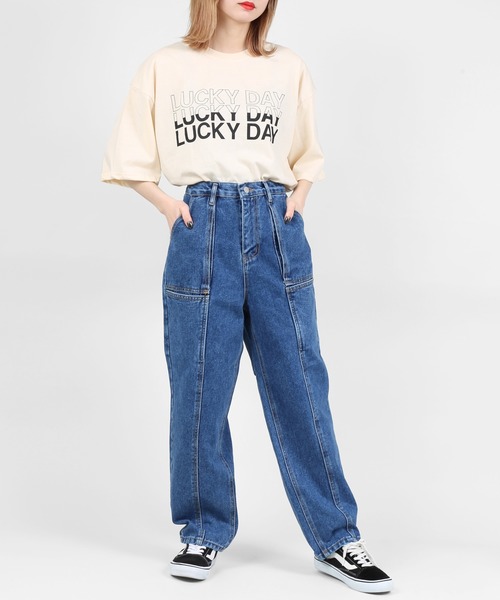 DING（ディング）の「DING/LUCK DAYビッグシルエットTシャツ（Tシャツ/カットソー・レディース・アイボリー/グリーン/ブラック・FREE）」の6枚目の写真