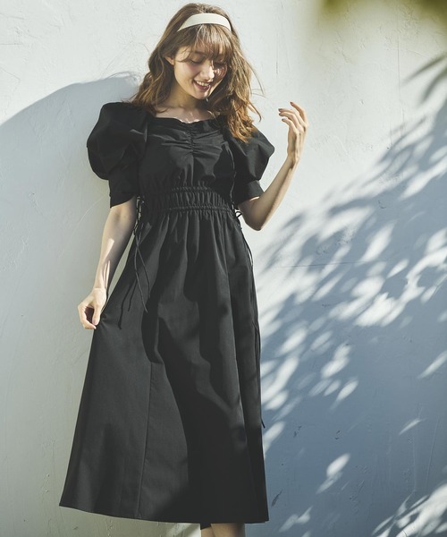 Noela ノエラ　ボリュームスリーブワンピース　黒　ブラック ボリュームスリーブウエストタックワンピ | ロングワンピース