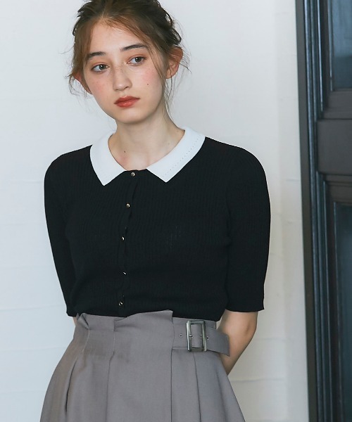 12Twelve Agenda(トゥエルブ アジェンダ)の「衿付き5分袖リブニットカーディガン(カーディガン/ボレロ・レディース・ブラック/ネイビー/ブルー/グレイッシュベージュ・M)」の5枚目の写真