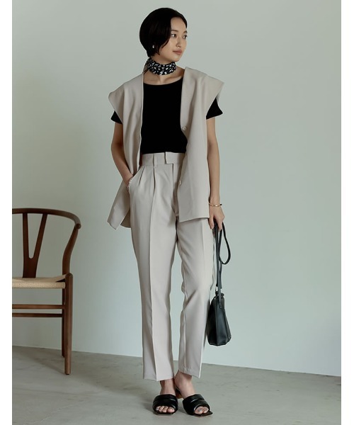 Re:EDIT（リエディ）の「リサイクルカットツイルノースリーブジャケット（ノーカラージャケット・レディース・ベージュ/アイボリー/ブラック・MEDIUM/LARGE）」の6枚目の写真