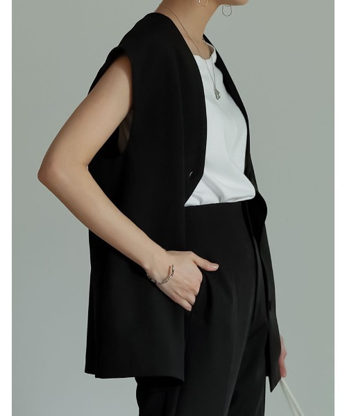 Re:EDIT（リエディ）の「リサイクルカットツイルノースリーブジャケット（ノーカラージャケット・レディース・ベージュ/アイボリー/ブラック・MEDIUM/LARGE）」の20枚目の写真