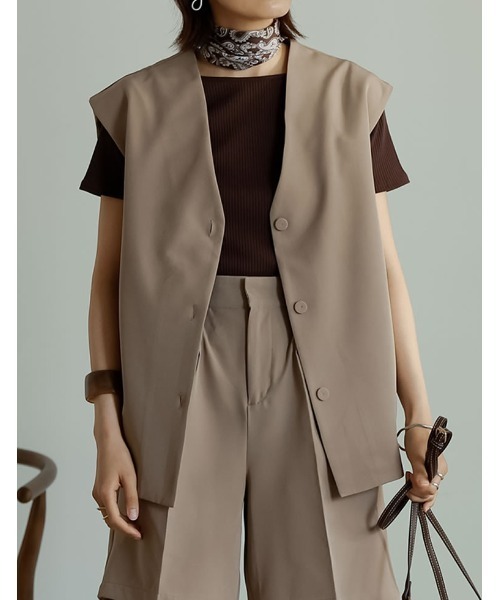 Re:EDIT（リエディ）の「リサイクルカットツイルノースリーブジャケット（ノーカラージャケット・レディース・ベージュ/アイボリー/ブラック・MEDIUM/LARGE）」の15枚目の写真