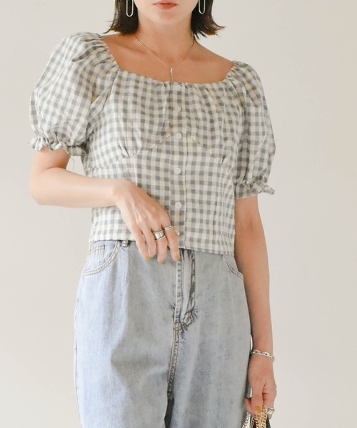 muure（ミュール）の「パフスリーブギンガムチェックコットンブラウス（シャツ/ブラウス・レディース・ブラック/ブルー/ベージュ・FREE）」の13枚目の写真