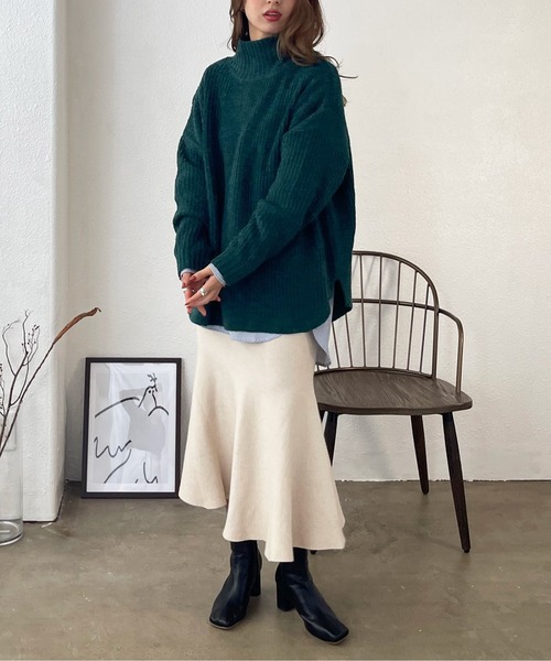 Shelly island（シェリーアイランド）の「ラウンドヘムタートルニットプルオーバー（ニット/セーター・レディース・ブラック/ベージュ/グリーン/モカ・FREE）」の15枚目の写真