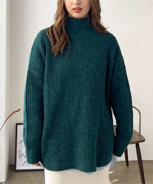 Shelly island（シェリーアイランド）の「ラウンドヘムタートルニットプルオーバー（ニット/セーター・レディース・ブラック/ベージュ/グリーン/モカ・FREE）」の13枚目の写真