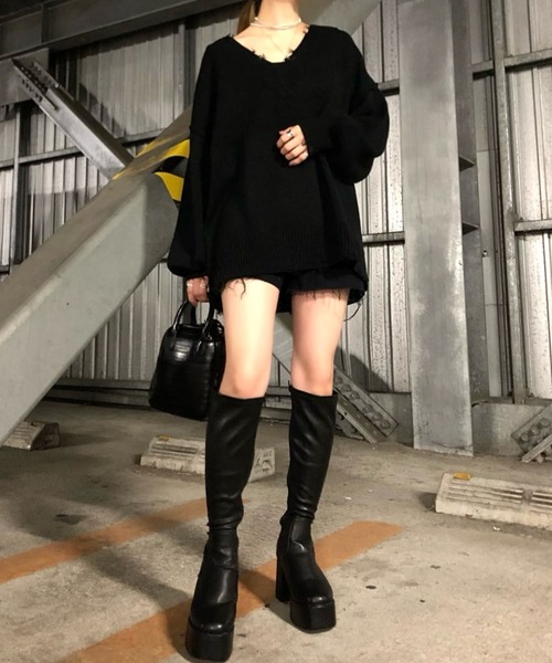 WEGO(ウィゴー)の「WEGO/ストーム付キヒールロングブーツ(ブーツ・レディース・オフホワイト/ブラック・MEDIUM/LARGE)」の13枚目の写真