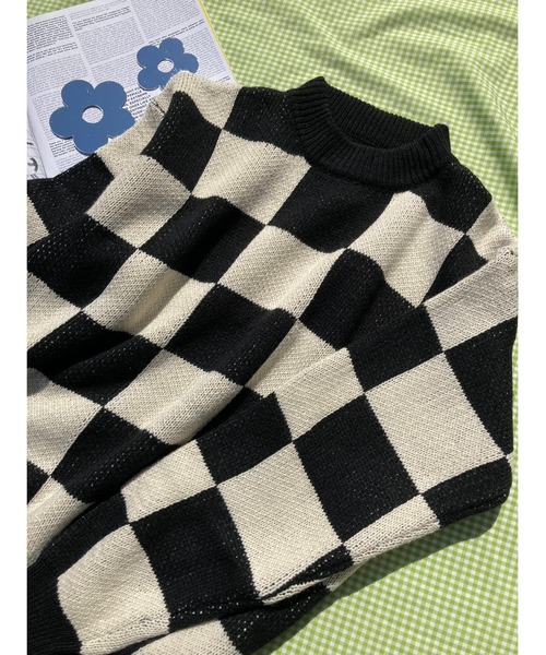 WC（ダブル シー）の「フラッグチェックニット（ニット/セーター・レディース・ブラック/ベージュ・FREE）」の2枚目の写真