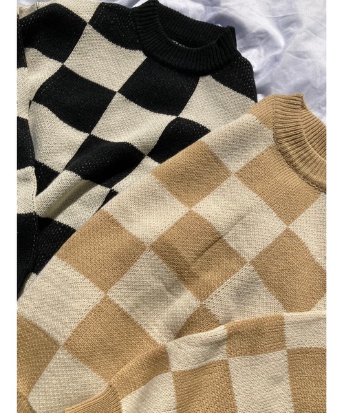 WC（ダブル シー）の「フラッグチェックニット（ニット/セーター・レディース・ブラック/ベージュ・FREE）」の3枚目の写真