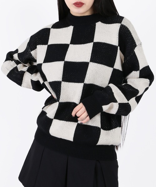 WC（ダブル シー）の「フラッグチェックニット（ニット/セーター・レディース・ブラック/ベージュ・FREE）」の5枚目の写真