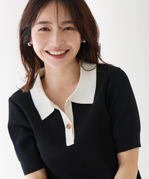 KOBE LETTUCE(コウベレタス)の「リブニットポロネックトップス(ニット/セーター・レディース・ブラック/オフホワイト/ライトグリーン・FREE)」の2枚目の写真