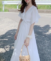 Dream garden | YUGA　ボリュームフレンチスリーブ　ハイウエスト切替　Vネックタック　フレアワンピース(ワンピース)