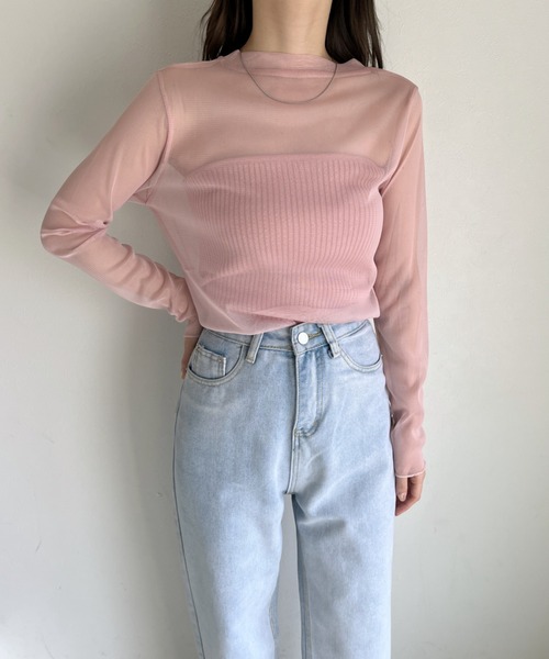 CLEA(クレア)の「【ベアトップSET】クルーネックメッシュシアートップス(Tシャツ/カットソー・レディース・ホワイト/ライトブルー/ブラック/ピンク/ライトグリーン/アイボリー・FREE)」の6枚目の写真