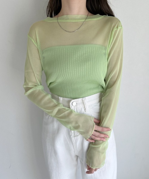 CLEA(クレア)の「【ベアトップSET】クルーネックメッシュシアートップス(Tシャツ/カットソー・レディース・ホワイト/ライトブルー/ブラック/ピンク/ライトグリーン/アイボリー・FREE)」の4枚目の写真