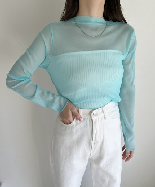 CLEA(クレア)の「【ベアトップSET】クルーネックメッシュシアートップス(Tシャツ/カットソー・レディース・ホワイト/ライトブルー/ブラック/ピンク/ライトグリーン/アイボリー・FREE)」の5枚目の写真