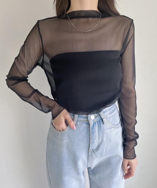 CLEA(クレア)の「【ベアトップSET】クルーネックメッシュシアートップス(Tシャツ/カットソー・レディース・ホワイト/ライトブルー/ブラック/ピンク/ライトグリーン/アイボリー・FREE)」の21枚目の写真