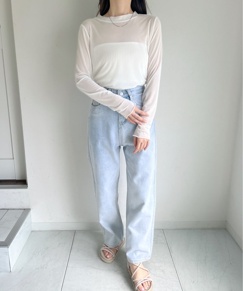 CLEA(クレア)の「【ベアトップSET】クルーネックメッシュシアートップス(Tシャツ/カットソー・レディース・ホワイト/ライトブルー/ブラック/ピンク/ライトグリーン/アイボリー・FREE)」の11枚目の写真