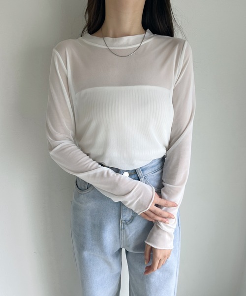CLEA(クレア)の「【ベアトップSET】クルーネックメッシュシアートップス(Tシャツ/カットソー・レディース・ホワイト/ライトブルー/ブラック/ピンク/ライトグリーン/アイボリー・FREE)」の7枚目の写真