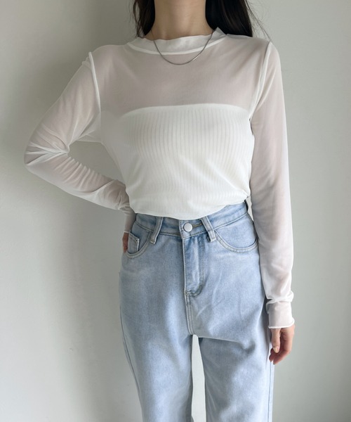 CLEA(クレア)の「【ベアトップSET】クルーネックメッシュシアートップス(Tシャツ/カットソー・レディース・ホワイト/ライトブルー/ブラック/ピンク/ライトグリーン/アイボリー・FREE)」の8枚目の写真