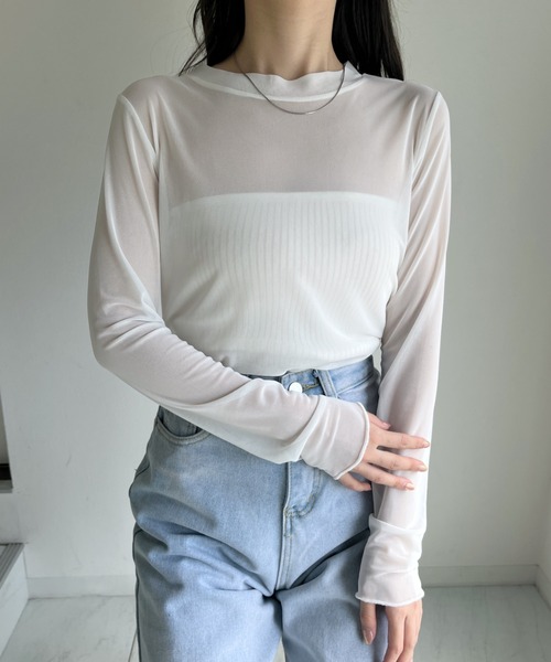 CLEA(クレア)の「【ベアトップSET】クルーネックメッシュシアートップス(Tシャツ/カットソー・レディース・ホワイト/ライトブルー/ブラック/ピンク/ライトグリーン/アイボリー・FREE)」の9枚目の写真