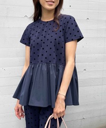 【セットアップ可能】フロッキードット切替ペプラムブラウス