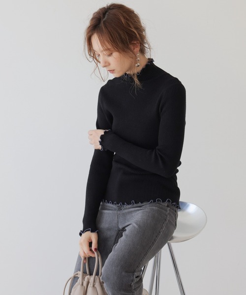 frames RAY CASSIN（フレームスレイカズン）の「WEB限定　配色メローリブタートルニット（ニット/セーター・レディース・ブラック/キナリ/ライトパープル/イエロー×グリーン/ブラック系/グレー系/グリーン系・FREE）」の20枚目の写真