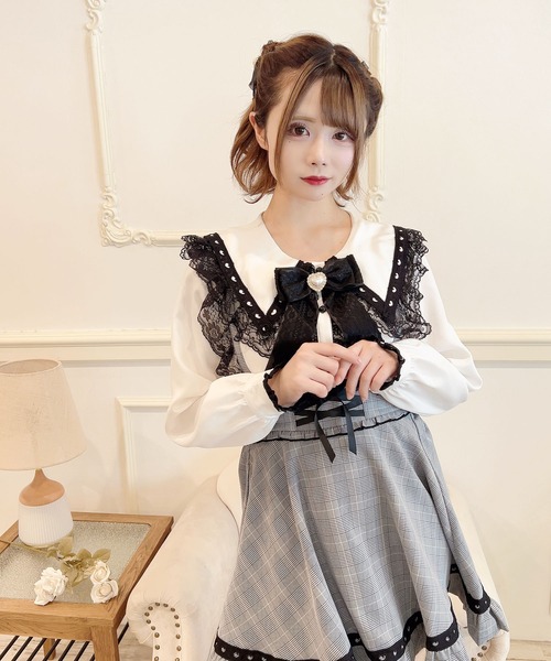 MA*RS(アメーバーマーズ)の「ハートレース配色ブラウス(シャツ/ブラウス・レディース・ホワイト/ピンク/ブラック・FREE)」の4枚目の写真