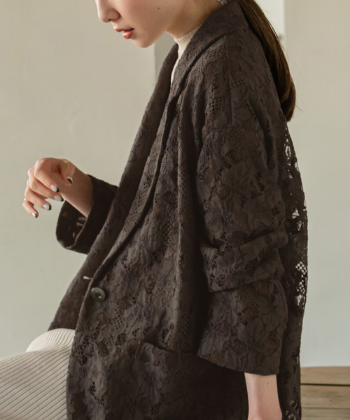 NOBLE レースオーバージャケット グレー ブラウン Noble（ノーブル）の「レースオーバージャケット（テーラード